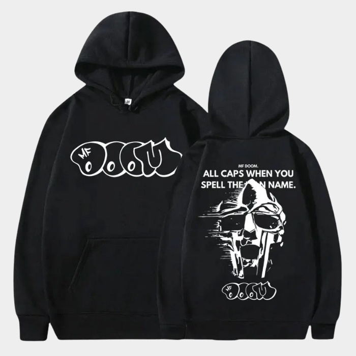 All Caps Quote Distressed Mask Blue MF DOOM Hoodie