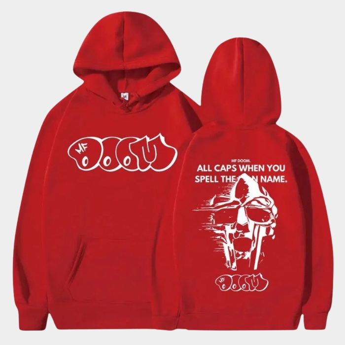 Orange MF DOOM Hoodie All Caps Quote Distressed Mask