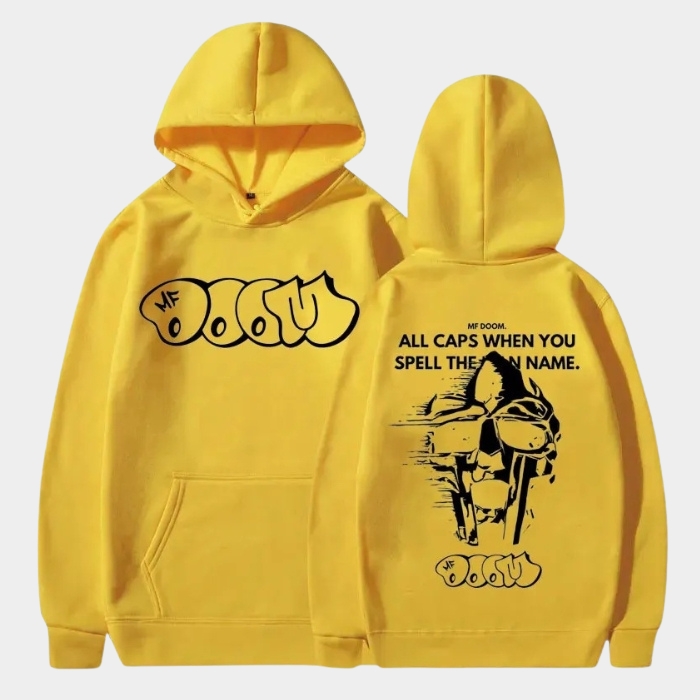 Orange MF DOOM Hoodie All Caps Quote Distressed Mask