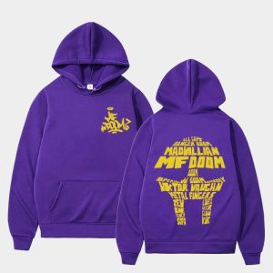 MF DOOM purple hoodie featuring aliases lettering and mask graffiti
