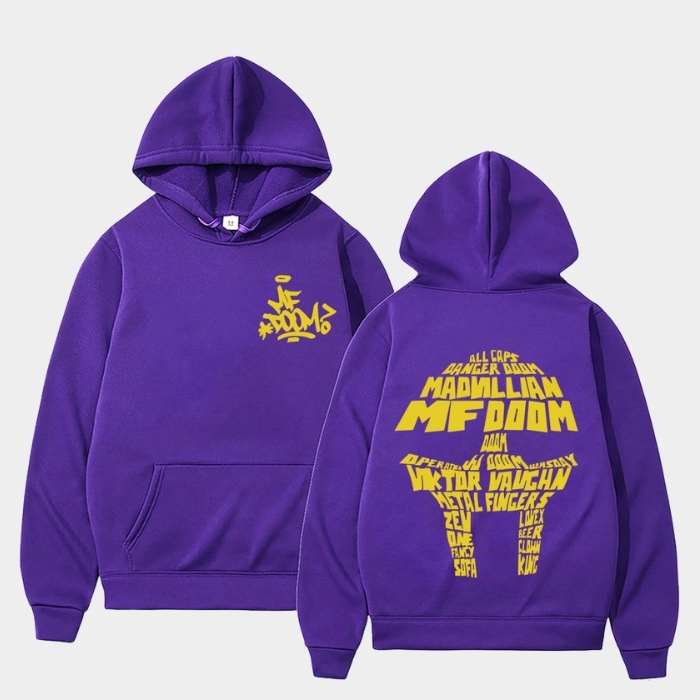 MF DOOM purple hoodie featuring aliases lettering and mask graffiti