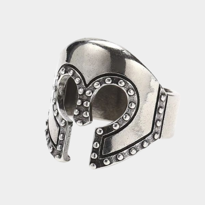 MF DOOM Ring Antique Silver Gladiator Helmet Studded detail premium metal finish jewelry with villain mask design