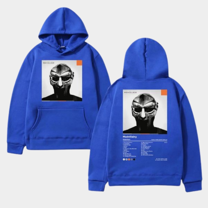 Blue MF DOOM Hoodie Madvillainy – Front & Tracklist Back