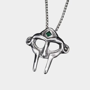 MF DOOM Mask Necklace Silver Polished Green Gem