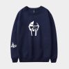 MF DOOM sweatshirt Navy blue villain mask printed graphics for men and women streetwear enthusiasts