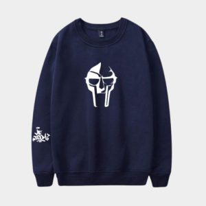 MF DOOM sweatshirt Navy blue villain mask printed graphics for men and women streetwear enthusiasts