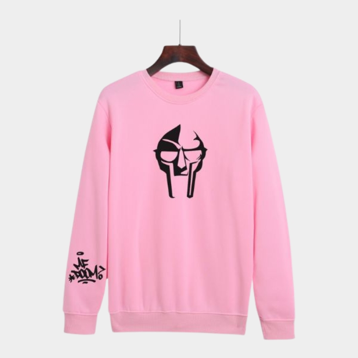 Pink MF DOOM sweatshirt villain mask printed graphics for men and women bold streetwear fashion
