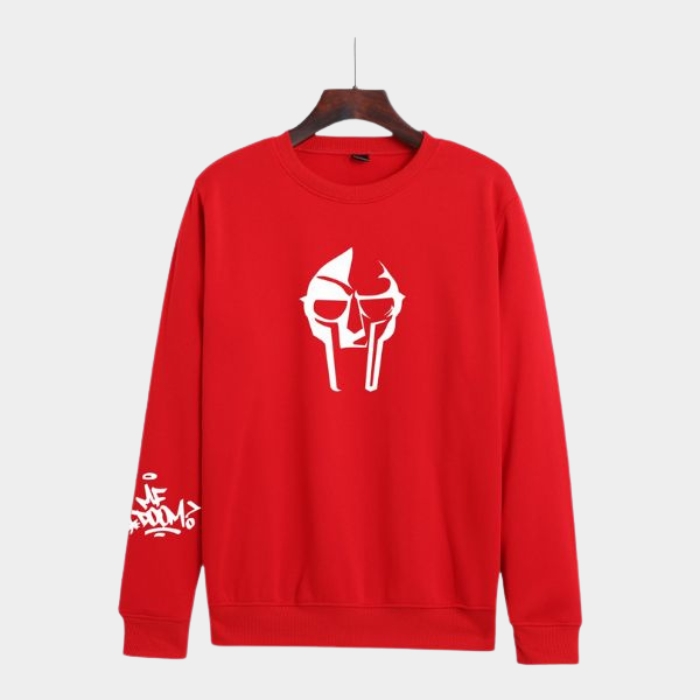 Unisex MF DOOM sweatshirt Red Metal Face Printed villain mask design for men and women streetwear style