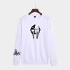 Bold white MF DOOM sweatshirt printed villain mask showcasing striking graphics with metal face streetwear design