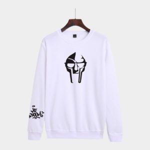 Bold white MF DOOM sweatshirt printed villain mask showcasing striking graphics with metal face streetwear design