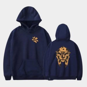 Navy MF DOOM Hoodie Abstract Orange Mask Double Print