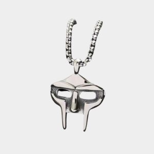 Polished MF DOOM mask pendant necklace in premium stainless steel with adjustable box chain hip-hop jewelry from official merch