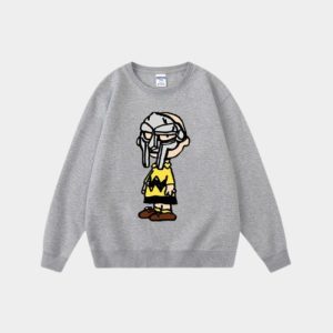RIP MF DOOM sweatshirt light grey unisex memorial tribute design honoring Daniel Dumile with metal face villain graphics