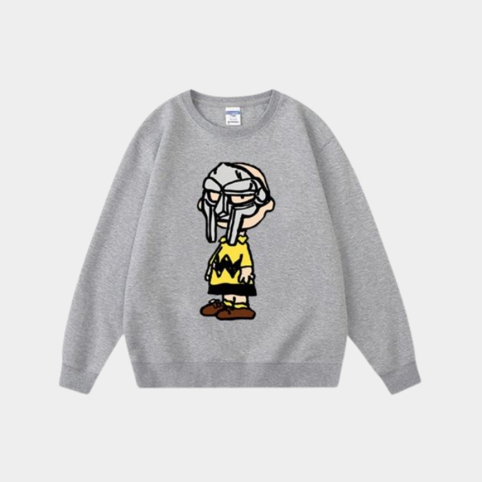 RIP MF DOOM sweatshirt light grey unisex memorial tribute design honoring Daniel Dumile with metal face villain graphics