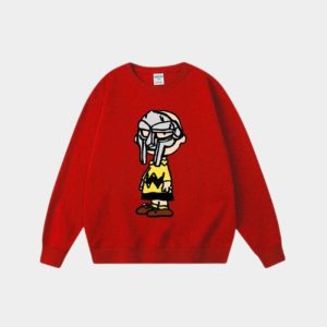 RIP MF DOOM red unisex sweatshirt with character print memorial design honoring Daniel Dumile metal face villain legacy