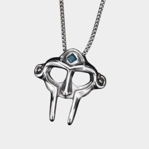 MF DOOM Silver Necklace Blue Stones Mask Pendant With Blue Gemstone Detail