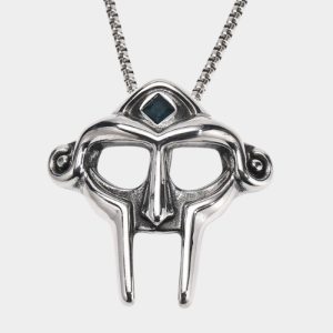Silver MF DOOM Mask Pendant Black Gemstone Detail
