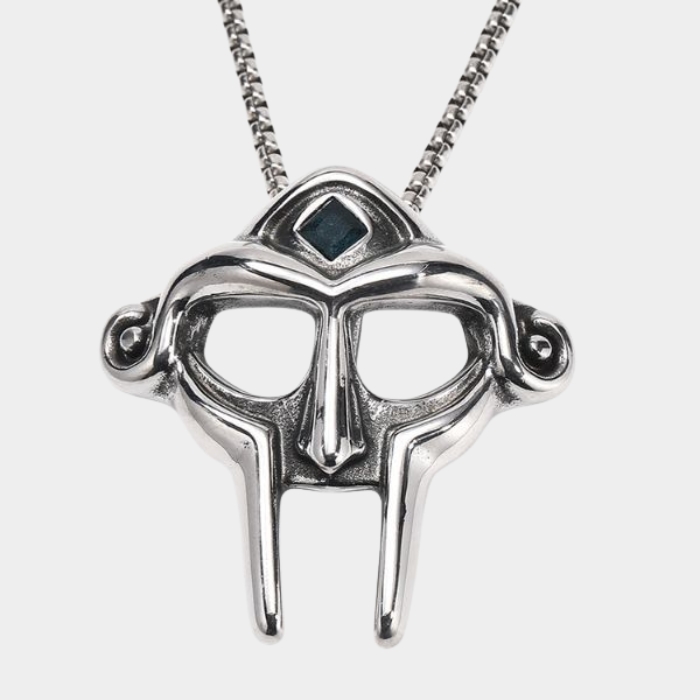 Silver MF DOOM Mask Pendant Black Gemstone Detail