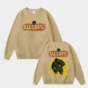 Unisex khaki MF DOOM sweatshirt featuring exclusive double-sided printed villain mask artwork on comfortable cotton