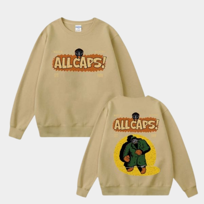 Unisex khaki MF DOOM sweatshirt featuring exclusive double-sided printed villain mask artwork on comfortable cotton