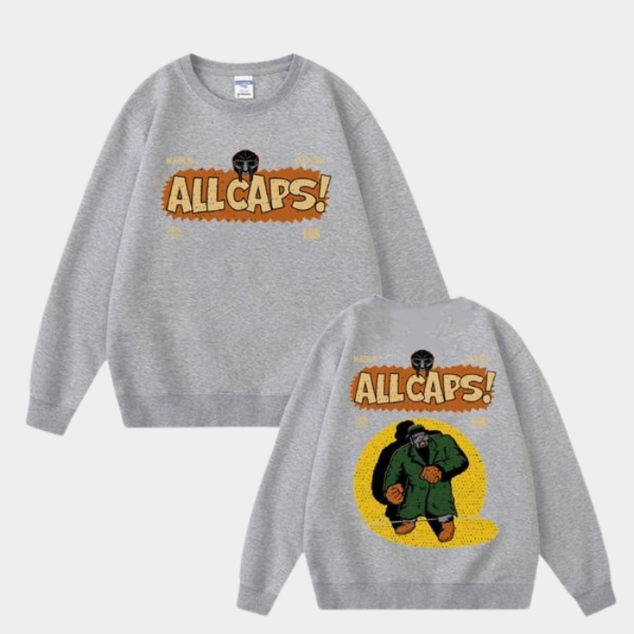 MF DOOM grey sweatshirt showing iconic all caps typography double print design with soft comfortable fabric