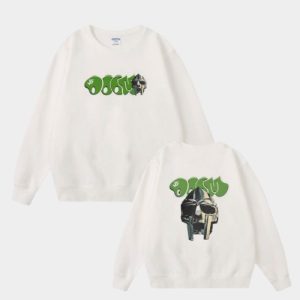 Premium soft white MF DOOM White Sweatshirt Graffiti Trconk with double-sided print in oversized unisex fit from official merch collection