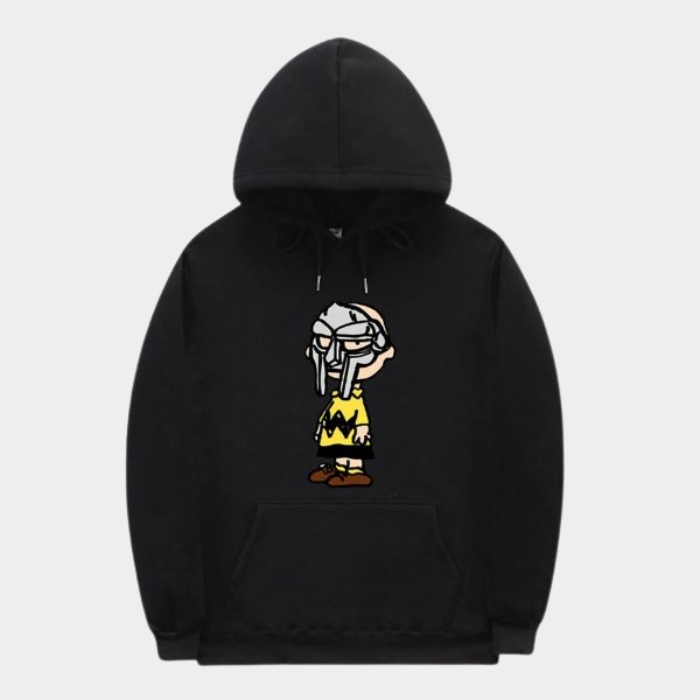 Official MF DOOM Charlie Brown Hoodie - Black Cartoon Mash Print | MF DOOM Merch